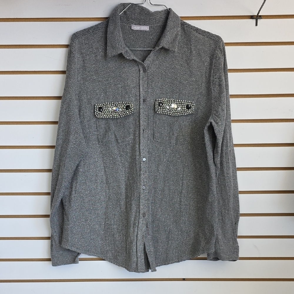 Beaded Pocket Button Down Top